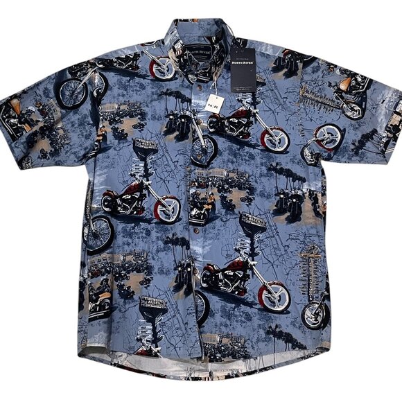 north river Other - Harley-Davidson Blue Motorcycle Print Casual Shirt